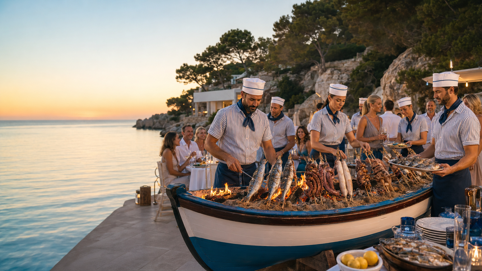 Espetos de sardinas asándose sobre brasas junto al mar al atardecer