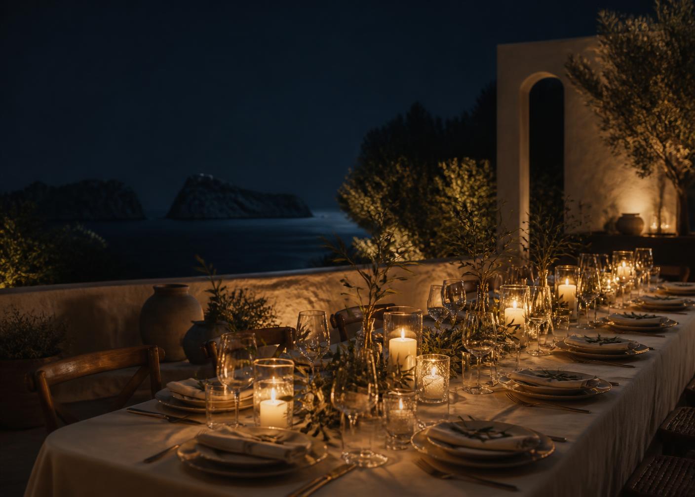 Mesa preparada para una cena de espeto en una villa de Ibiza